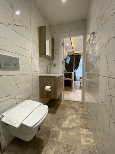 e bagno con servizi igienici, lavandino e doccia. di Blue Mansion Hotel & Flats a Istanbul