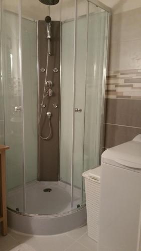 une douche avec une porte vitrée dans une salle de bain dans l'établissement T2bis lumineux, Intra Muros Avignon, à Avignon
