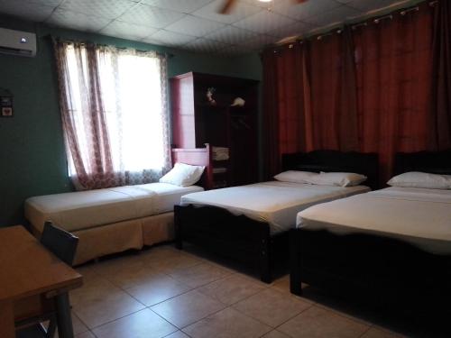 Puerto Armuelles的住宿－Hostel Guayacan，客房设有两张床和窗户。