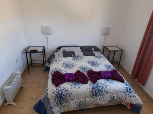 ein Schlafzimmer mit einem Bett mit lila Bogen darauf in der Unterkunft Departamento Triangulo in Santa María