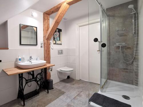 W łazience znajduje się prysznic, umywalka i toaleta. w obiekcie ZACZAROWALIM - Dom w Górach Sowich w mieście Walim