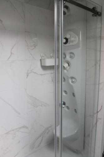 薩卡文的住宿－Terreirinho 1 e 2，浴室里设有玻璃门淋浴