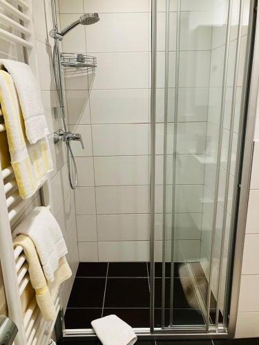 a bathroom with a shower with a glass door at Landhaus Feller in Reith bei Kitzbühel