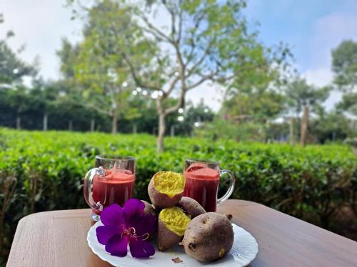 a plate of food with two mugs of juice and flowers at Tea Garden House in Xã Tân Phát