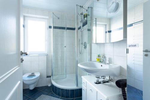 um banheiro com pia, chuveiro e vaso sanitário em Kaminwohnung mit 24qm Südterrasse Nähe Zugspitze / Eibsee em Garmisch-Partenkirchen
