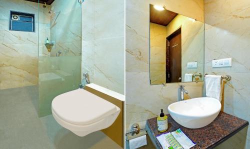two pictures of a bathroom with a toilet and a sink at Treebo Vhyomaan Resort in Mahabaleshwar