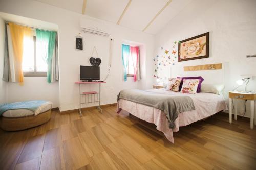 1 dormitorio con 1 cama y TV en Casa singular y con encanto, en Baena