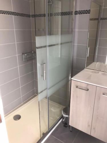 une salle de bain avec une douche en verre et un lavabo dans l'établissement Maison auvergnate traditionnelle récemment rénovée, à La Roquevieille