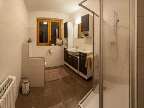 une salle de bain avec douche et lavabo dans l'établissement Appartements Haidl, à Sankt Johann im Pongau