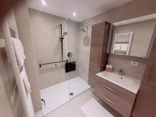 a bathroom with a shower and a sink at Gezellig appartement in Brugge, nabij Damme. in Bruges