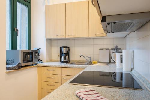 uma cozinha com um lavatório e um micro-ondas em GREENs - ruhige schöne 1RWhg gut gelegen mit Balkon em Dresden
