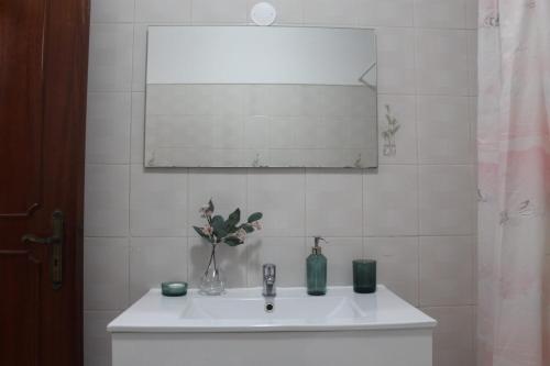 um lavatório de casa de banho com um vaso de flores e um espelho em Global Guest Massama em Queluz