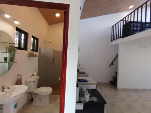 a bathroom with a toilet and a sink and a staircase at Tapirus Playa in Drake
