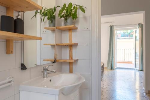 uma casa de banho com um lavatório e prateleiras com plantas em Urbana Rooftop em Roma