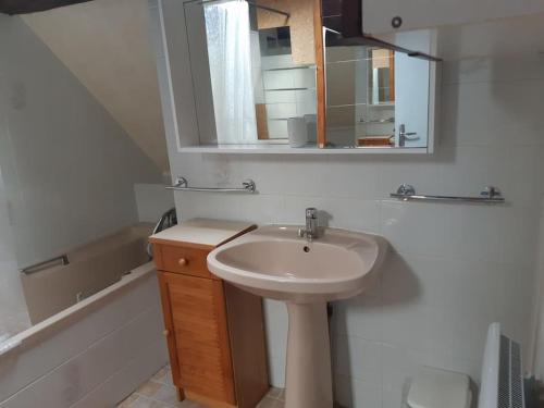 a bathroom with a sink and a mirror and a tub at maison village 4 chambres 30 minutes du zoo de beauval in Saint-Cyran-du-Jambot