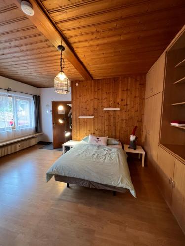 キッツビュールにあるCity-apart Kitzbühelの木製の天井が特徴のベッドルーム1室(ベッド1台付)