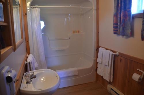 a bathroom with a tub and a sink and a shower at Sundance Cottages in Cavendish