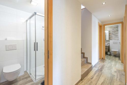 uma casa de banho com um WC e uma cabina de duche ao nível do chão em Chalet Amerhone - Luxury chalet With Jacuzzi em Riddes