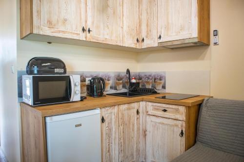 a small kitchen with a microwave and a refrigerator at Lavanda Apartamenty in Chłopy