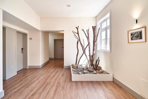a living room with a vase with a tree in it at Ribeira Collection Hotel by Piamonte Hotels in Arcos de Valdevez