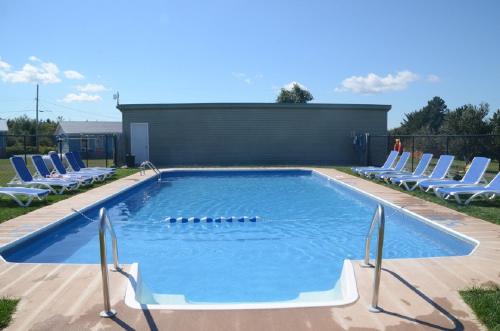 a swimming pool with lounge chairs and a swimming pool at Sundance Cottages in Cavendish