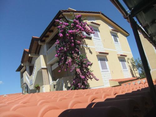 a building with a bunch of purple flowers hanging from it at Apartments Ivanković in Stari Grad