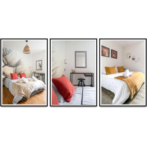 three pictures of a bedroom with two beds and a table at Résidence Epinat - Appartements centre & parking in Vichy