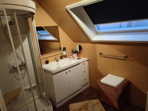 a bathroom with a sink and a skylight at Résidence H Logement entier 90m2 Parking privé à 15 min du Marché de Noël in Hoenheim