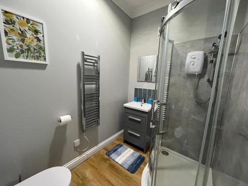 a bathroom with a shower and a sink at The waterfront in Tarbert