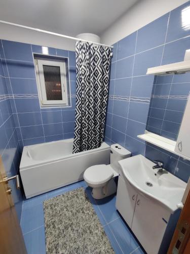 La salle de bains est pourvue de carrelage bleu, de toilettes et d'un lavabo. dans l'établissement Sobe OLGA, à Čačak
