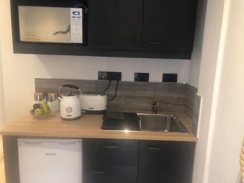 a kitchen with a sink and a counter top at The Studio on The Green in Egham