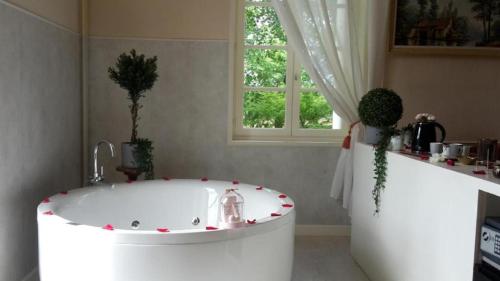 bañera blanca en una cocina con ventana en Château Marith - Etablissement climatisé avec Piscine, en Clairac
