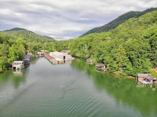 an aerial view of a river with houses and trees at Hannahs Perch on Lake Burton with Private Top Patio and Bottom Dock in Clayton