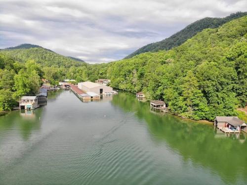 an aerial view of a river with houses and trees at Bills Bungalow on Lake Burton with Top Dock and Patio in Clayton