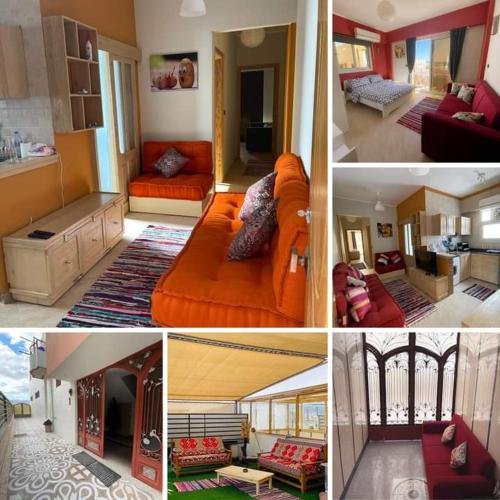 a collage of four pictures of a living room at Villa habibch hostel in Dahab