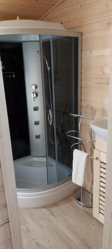 a bathroom with a shower and a sink at Les Roulottes des Ris in Vallon-en-Sully