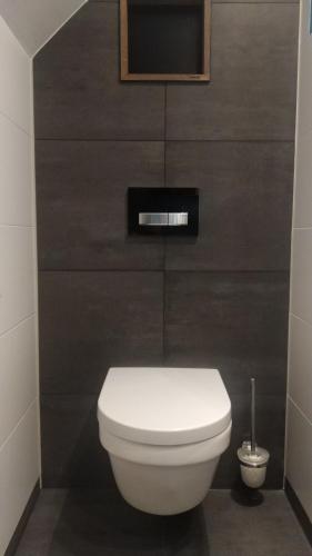 a bathroom with a white toilet in a brown wall at House@Domburg in Domburg