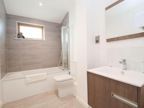 ein Bad mit einem WC, einem Waschbecken und einer Dusche in der Unterkunft Woodbridge Penthouse in Woodbridge