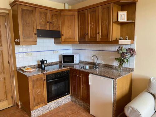 una cocina con armarios de madera y fregadero en Ahío San Martín, Apartamentos Rurales Casa de la Villa en San Martín de Oscos