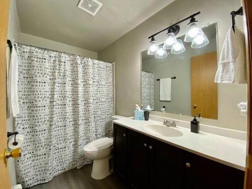 ein Badezimmer mit einem Waschbecken, einem WC und einem Spiegel in der Unterkunft Conveniently located two-bedroom apartment in Green Bay