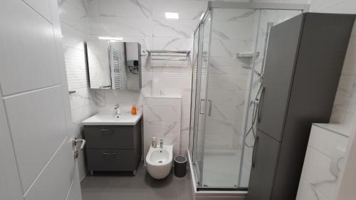 een badkamer met een douche, een toilet en een wastafel bij KUHARIĆ in Zagreb
