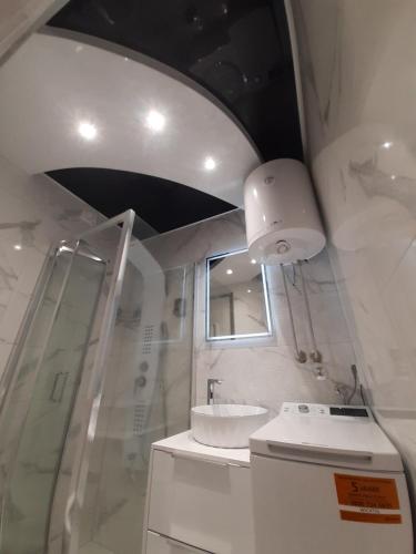 a bathroom with a sink and a shower and a mirror at Viktorija 1 in Čukarica