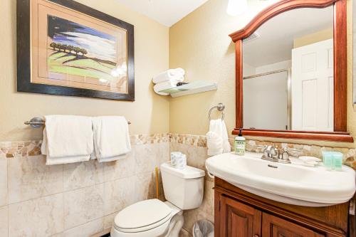 ein Badezimmer mit einem Waschbecken, einem WC und einem Spiegel in der Unterkunft Timber Falls 3/2 condo in E Vail 4480 Timber Falls Ct, #1504, Vail, CO 81657 in Vail