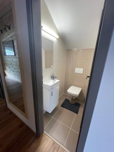 a small bathroom with a sink and a toilet at U plechového Jánošíka in Terchová
