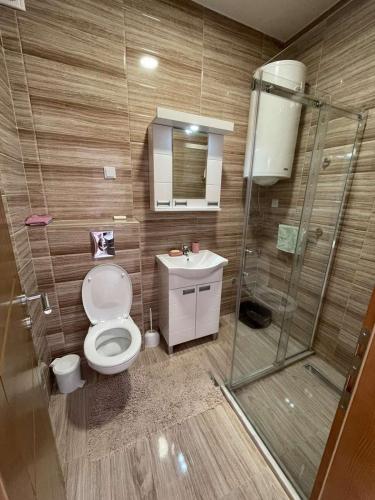 a bathroom with a toilet and a shower and a sink at Apartman Gakić 2 in Nova Varoš
