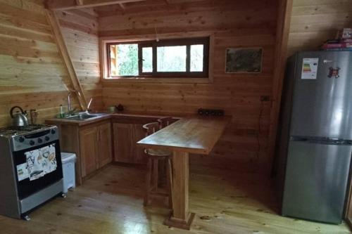 eine Küche mit einem Tisch und einem Kühlschrank in einer Hütte in der Unterkunft Casa Aurora in Puerto Fuy