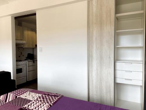 卡洛斯帕斯的住宿－DEPARTAMENTO ROCA，一间卧室配有一张紫色的床和一个衣柜