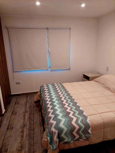 - une chambre avec un lit et une grande fenêtre dans l'établissement Departamento playa bonita Bariloche, à San Carlos de Bariloche