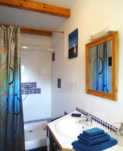 une salle de bain avec un lavabo, une douche et un miroir dans l'établissement CHAMBRES D'HOTES 