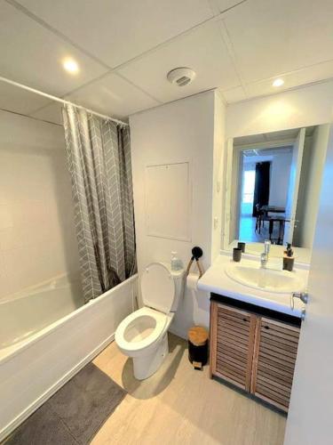 une salle de bain avec toilettes et lavabo dans l'établissement Studio & Balcon - Clim - Gare, à Lourdes